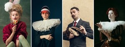 Fictional and real characters. Set of young people in image of historical, medieval persons in vintage clothing on dark background. Concept of comparison of eras, modernity. Creative collage. Flyer