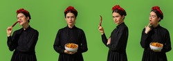 Set of photos of young beautiful woman in image of famous painter, artist Frida Kahlo on green background. Beautiful actress. Comparison of eras, beauty, human emotions, characters, art concept.