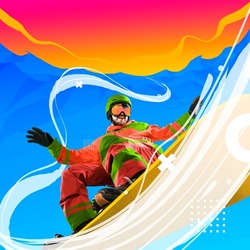 Extreme sport. Contemporary art collage. Creative artwork. Professional sportsman, snowboarder in sportswear, equipment snowboarding isolated bright background. Winter sports, speed, energy concept