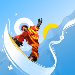 Flight. Contemporary art collage. Creative artwork. Professional sportsman, snowboarder in sportswear snowboarding isolated bright background. Winter sports, speed, energy, extreme sport concept