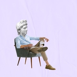 Man-to-man talk. Confidence. Male model wearing stylish modern clothing headed of ancient statue head sitting in armchair. Concept of comparison of eras, artwork, renaissance style. Creative collage.