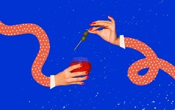 Olives and bloody mary. Female drawn hands holding glasses with cocktail isolated on bright blue neon background. Contemporary art collage. Concept of taste, alcoholic drinks. Blue, red and green
