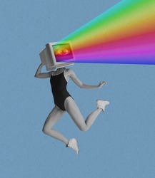 Rainbow. Contemporary artwork. Young slim girl wearing swimsuit with retro computer, pc instead head dancing isolated over light background. 80s, 90s style. Concept of art, technology, surrealism
