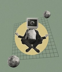 Contemporary art collage. Man, businessman in suit headed with retro computer sitting in yoga pose isolated over abstract background. Loading, generating new ideas. Concept of surrealism, retro style