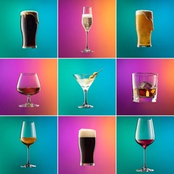 Alcohol drinks card. Set of glasses with different alcoholic drinks and cocktails on gradient pink-blue background in neon light. Martini, red wine, champagne, cognac, whiskey, light and dark beer.