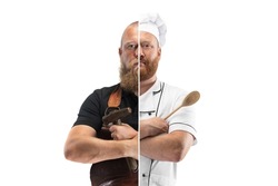 Creative artwork. Composite image two halves of body of cook and smith isolated on white studio background. Concept of occupation, diversity, caree, labor and hobby