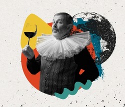 Tasting wine. Contemporary art collage. Idea, inspiration, aspiration and creativity. Model like medieval royalty person in vintage clothing. Concept of comparison of eras, artwork. Copy space for ad