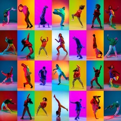 Mosaic. Set with images of young men and women, break dance or hip hop dancers dancing isolated over multicolored background in neon. Youth culture, movement, music, fashion, action.