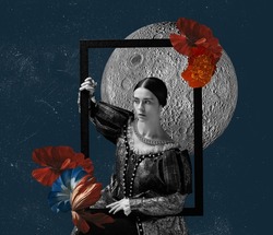Surrealism. Contemporary art collage. Idea, inspiration, aspiration and creativity. Model like medieval royalty person in vintage clothing. Concept of comparison of eras, artwork. Copy space for ad