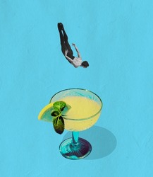 Friday funny vibe. Young man jumping in alcohol cocktail glass isolated on blue background. Conceptual, contemporary bright art collage. Surrealism. Concept of fashion, style, vacation, drinks, taste