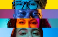 Neon stripes, loines. Closeup human eyes on multicolored background in neon light. Collage made of cropped faces of male and female models. Diversity. Concept of emotions, media, sales, advertising.