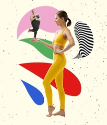 Comparison and contrast. Creative artcollage with young slim girl and plus-size woman wearing sport uniform isolated on abstract background. Concept of healthy lifestyle, fitness, sport, nutrition