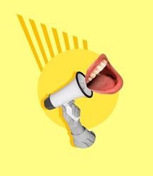 Human hand with megaphone and female open mouth on yellow background. Modern design, contemporary art collage. Inspiration, idea, trendy urban magazine style. Negative space for ad.