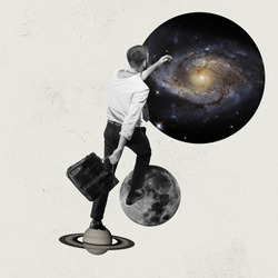 New discoveries. Young business man, manager with retro briefcase walking from one planet to another. Contemporary art collage. International immigration, brain drain, leave country, freelance job.