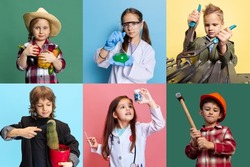 Collage. Portrait of little boys and girls, children in image of different professions posing isolated over multicolored background. Concept of occupation, modern specialists, childhood, game