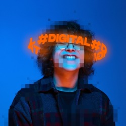 Contemporary design. Young smiling man with pixel body part and neon lettering around head isolated over blue background. Concept of digitalization, artificial intelligence, technology era, IT