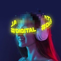 Young smiling woman with pixel head elements and neon lettering around listening to music in headphones over dark blue background. Concept of digitalization, artificial intelligence, technology era
