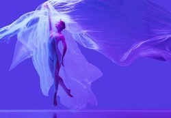 Portrait of beautiful flexible woman, ballerina dancing with cloth on purple background in neon. The grace, artist, movement, action and motion concept. Looks weightless, flexible. Fashion, style.