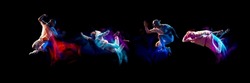 Flight. Collage with stylish man dancing hip-hop, breakdance in white clothes on dark background with mixed neon light. Youth culture, hip-hop, movement, style and fashion, action.