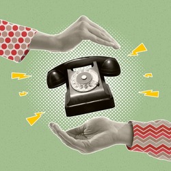 Contemporary art collage. Human hands holding retro vintage phone isolated over green background. Communication. Concept of style, retro, art, creativity, imagination. Copy space for ad