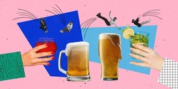 Contemporary art collage. Young people jumping into alcohol cocktails and beer glasses isolated on pink and blue background. Friends having party. Concept of alcohol, addiction, party, taste. Pop art.