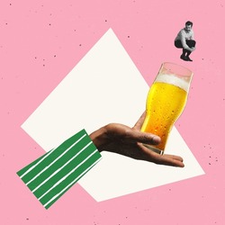 Contemporary art collage. Man jumping into giant glass of lager foamy beer isolated over pink and white background. Concept of alcohol, addiction, party, taste. Pop art. Copy space for ad