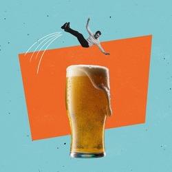 Contemporary art collage. Man jumping into giant glass of lager foamy beer isolated over blue and orange background. Concept of alcohol, addiction, party, taste. Pop art. Copy space for ad