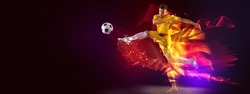Kick ball. Creative artwork with soccer, football player in motion and action with ball isolated on dark background with polygonal and fluid neon elements. Concept of art, sport, energy and power