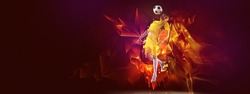 Fire. Creative artwork with soccer, football player in motion and action with ball on dark background with polygonal and fluid neon elements. Concept of art, creativity, sport, energy and power