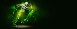 Motivation. Bright poster with american football player in motion and action isolated on dark background with polygonal and fluid neon elements. Concept of art, creativity, sport, energy and power