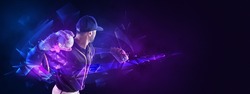 Powerful throw. One professional baseball player in motion and action with bat isolated on dark background with polygonal and fluid neoned elements. Concept of art, creativity, sport, energy and power