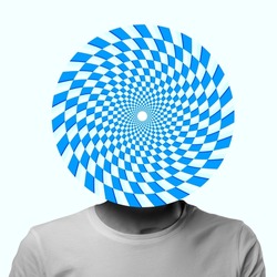 Contemporary art collage. Man with optical illusion design circle instead head isolated over light mint background. Concept of psychology, artwork, emotions, human rexpression of feelings
