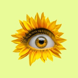 Yellow camomile flower with an eye inside it on bright background. Modern design. Contemporary art. Creative collage. Beauty, art, vision. Eyeball in flower. Surrealism, minimalism