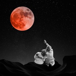 Contemporary art collage. Lovely elderly couple sitting on rock at night, looking at moon and stars. Romantic date. Surrealism, Concept of creativity, love, imagination, relationship