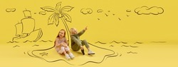 Vacation, holdays. Flyer with two kids, little boy and girl talking, dreaming isolated on yellow background with drawings. Concept of emotions, ideas, imagination, international children's day.
