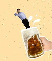 Contemporary art collage. Funny man jumping into cool foamy lager beer isolated over yellow background. Concept of alcohol, addiction, party, taste. Pop art style. Copy space for ad