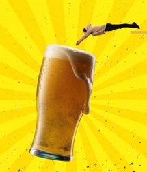 Contemporary art collage. Funny man diving into cool foamy lager beer isolated over yellow background. Concept of alcohol, addiction, party, taste. Pop art style. Copy space for ad
