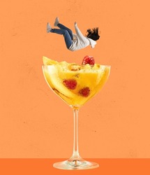 Contemporary artwork. Young woman falling into refreshing tasty cocktail with fruity taste isolated on orange background. Concept of alcohol, addiction, party, taste. Pop art style. Copy space for ad
