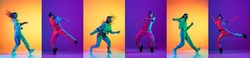 Street style dance battle. Bright collage with men dancing breakdance and hip-hop dancers isolated on multicolor background in neon. Youth culture, hip-hop, movement, style and fashion, action.