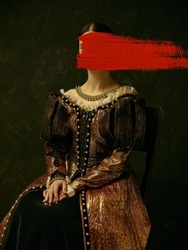 Creative artwork. Portrait of girl wearing antic princess, countess dress with red stroke of watercolor paint on dark background. Contemporary art, eras comparison concept. Design for picture, poster