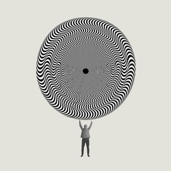 Strong man raising huge circle with pattern of optical illusion over his head isolated on light background. Contemporary collage. Concept of emotions, human rights, optical illusion, ideas, aspiration