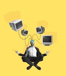 Man, businessman's brain charge by means of energy of retro computers on yellow background. Contemporary art collage. Loading, generating new ideas. Concept of surrealism, retro style