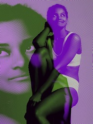 Womanhood. Woman's portrait with glitch duotone effect. Colorful halftone. Multiple exposure, fashionable beauty photo. Art, creativity, diversity, youth culture, ad. Design for poster, magazine cover