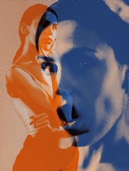 Shocked woman's portrait with glitch duotone effect. Colorful halftone. Multiple exposure, fashionable beauty photo. Art, creativity, diversity, youth culture, ads. Design for poster, magazine cover