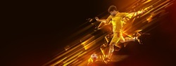 Power and energy. Flyer with soccer, football player in motion and action with ball isolated on dark background with polygonal and fluid neon elements. Concept of art, creativity, sport, energy and