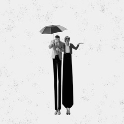 Monochrome contemporary art collage. Ideas, vintage, retro style, imagination. Young couple in love strolling on paper effect background. Art, fashion and music. Model on long drawn legs. Surrealism