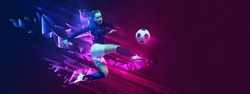 Flyer with female soccer, football player in motion and action with ball isolated on dark background with polygonal and fluid neon elements. Concept of art, creativity, sport, energy and power