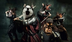 Dogs army. Creative art collage with brutal serious medieval warriors or knights war clothes with swords in motion, action isolated over dark vintage background. Comparison of eras, history