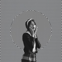 Shock, surprise, wow. Young surprised woman on black and white optical illusion design background. Optical illusion, contemporary art, surrealism, creativity concept. Human emotions, facial expression