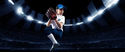 Sport collage with little boy, beginner baseball player with baseball glove and ball in action during match in crowded sport stadium at evening time. Sport, win, competition and ad concept.
